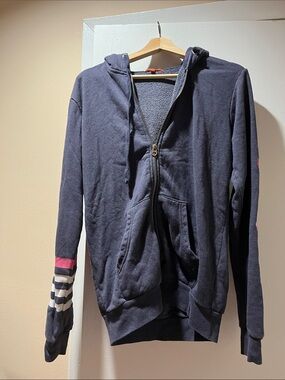 Butter Navy Zip Hoodie with Pink and White Striped Sleeve